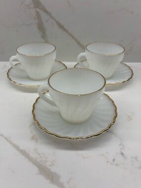 3 Vintage Anchor Hocking Fire King Cup Saucer Sets White Swirl Milk Glass & Gold